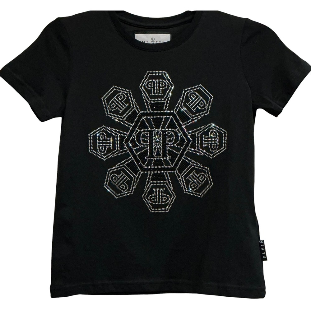 NWT Philipp Plein Crystal Monogram Logo T-Shirt Black‎ Kids M Fits Women's XS